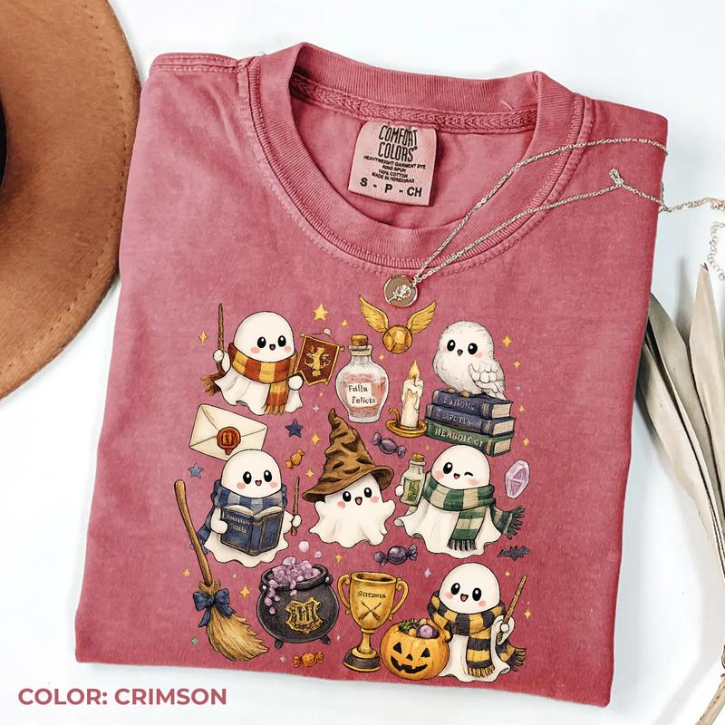 Cute Wizard Ghost Graphic T-Shirt with Owl and Magical Halloween Artwork