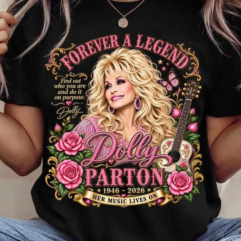 Dolly Parton Forever a Legend Graphic T-Shirt with Roses and Guitar Artwork