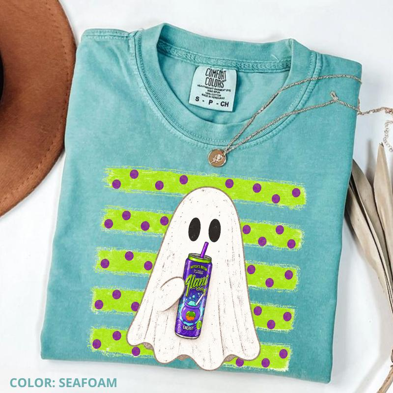 Ghost Sipping a Drink with Polka Dot Stripes Halloween Graphic Tee