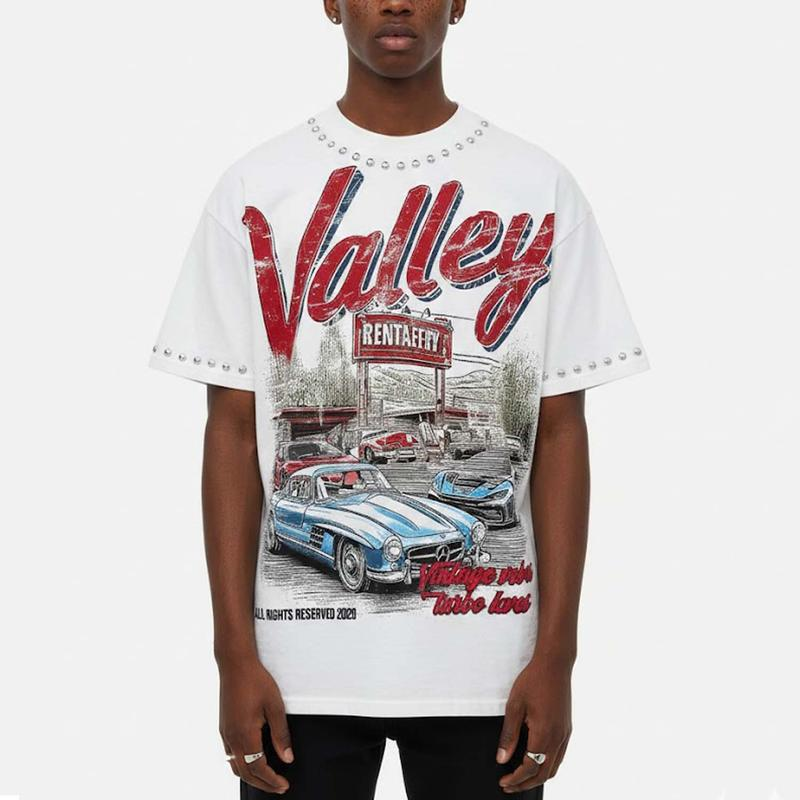 Vintage Valley Car Meet Graphic Tee with Studded Trim