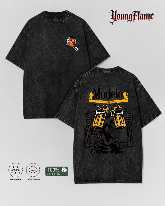 Skeleton Beer Mug Toast Graphic Washed Tee with Front Hand Detail