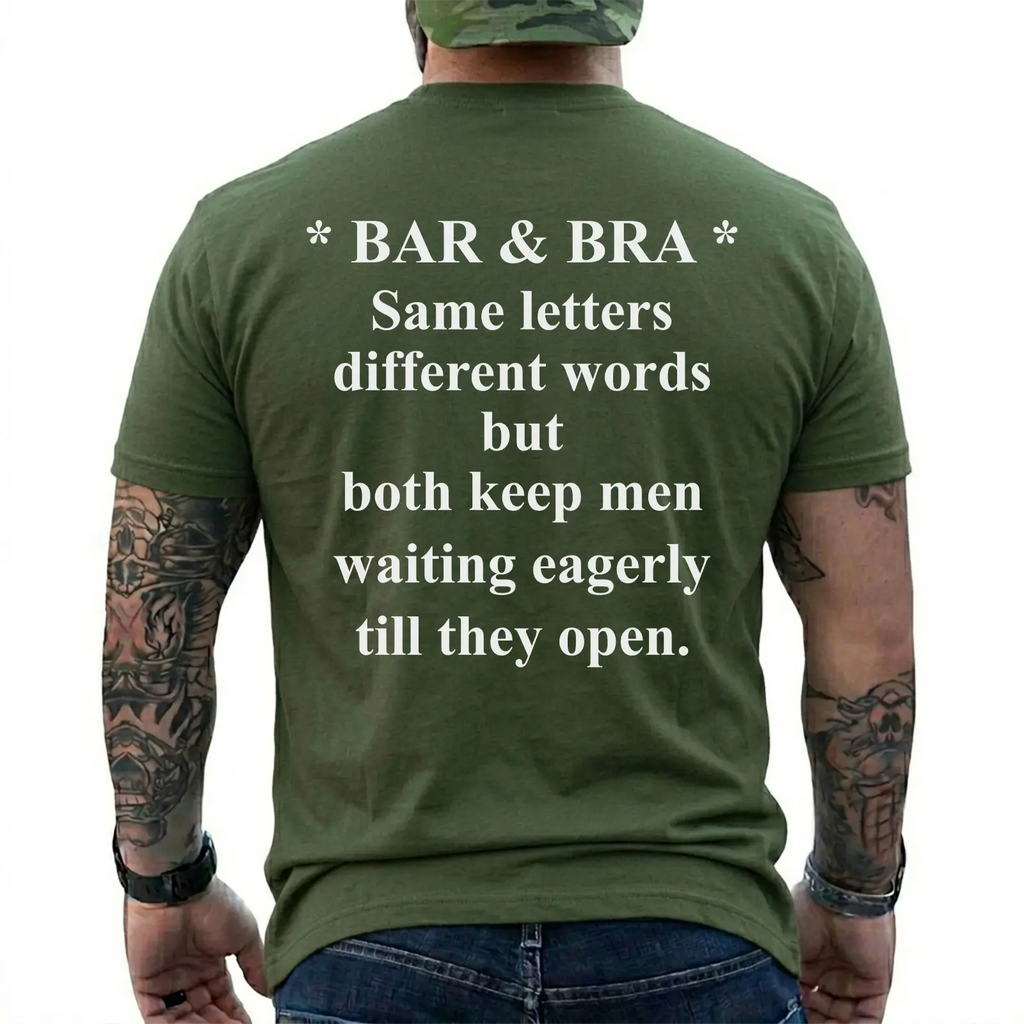 Bar & Bra Wordplay Graphic T-Shirt with Humorous Back Print