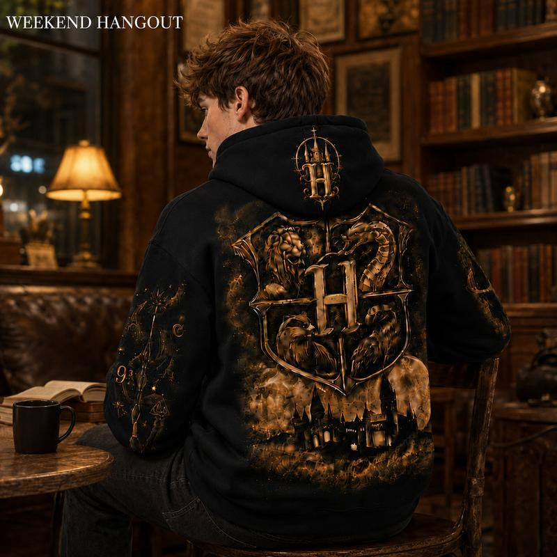 Hogwarts Crest and Castle Graphic Pullover Hoodie with Ornate Sleeve Artwork