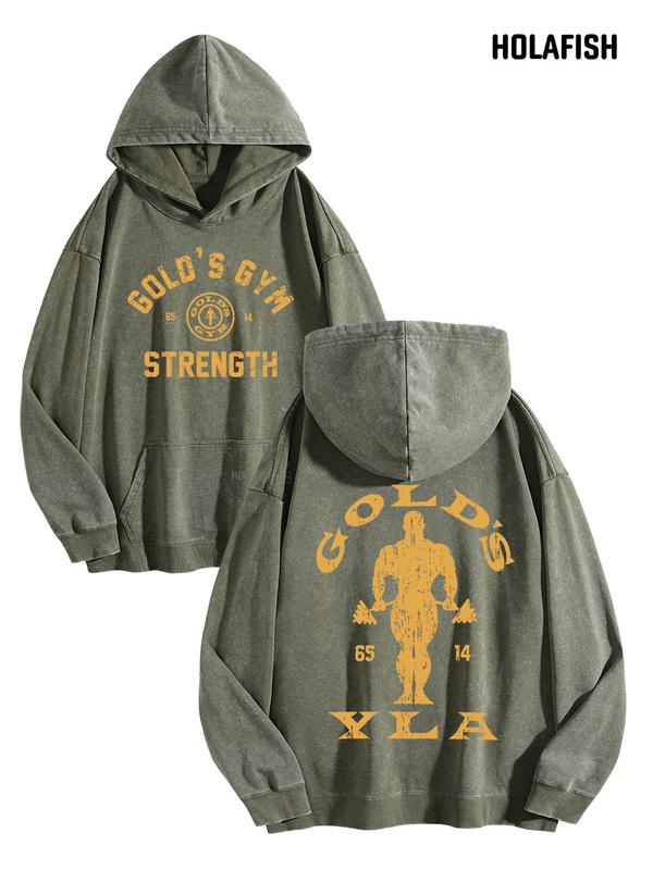 Gold’s Gym Strength Lettering Hoodie with Distressed Bodybuilder Back Graphic