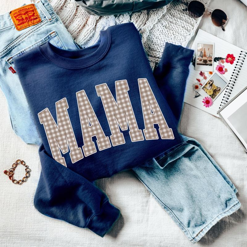 Mama Gingham Letter Graphic Crewneck Sweatshirt with Varsity Style Design