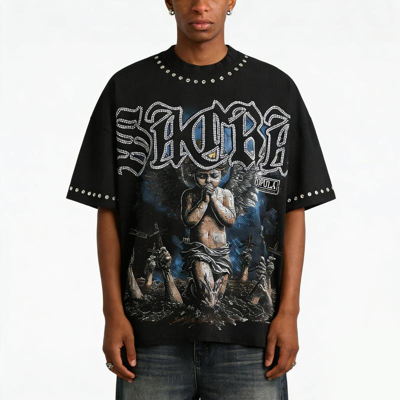 Studded Gothic Angel and Crosses Graphic Oversized Streetwear Tee