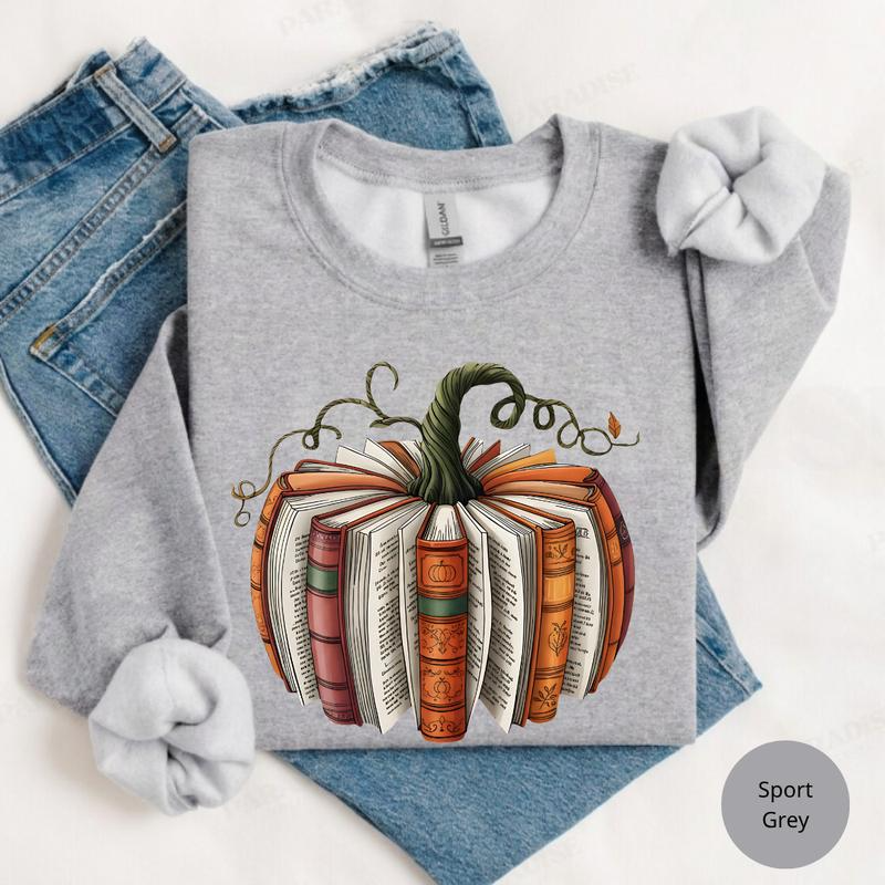 Vintage Book Pumpkin Graphic Crewneck Top for Fall Reading Days