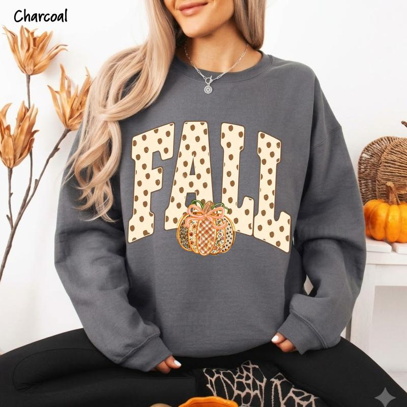 Fall Pumpkin Graphic Crewneck Sweatshirt with Polka Dot Lettering