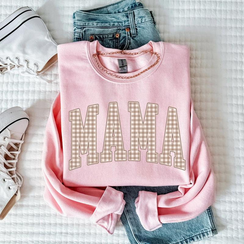 Mama Gingham Letter Graphic Crewneck Sweatshirt with Varsity Style Design