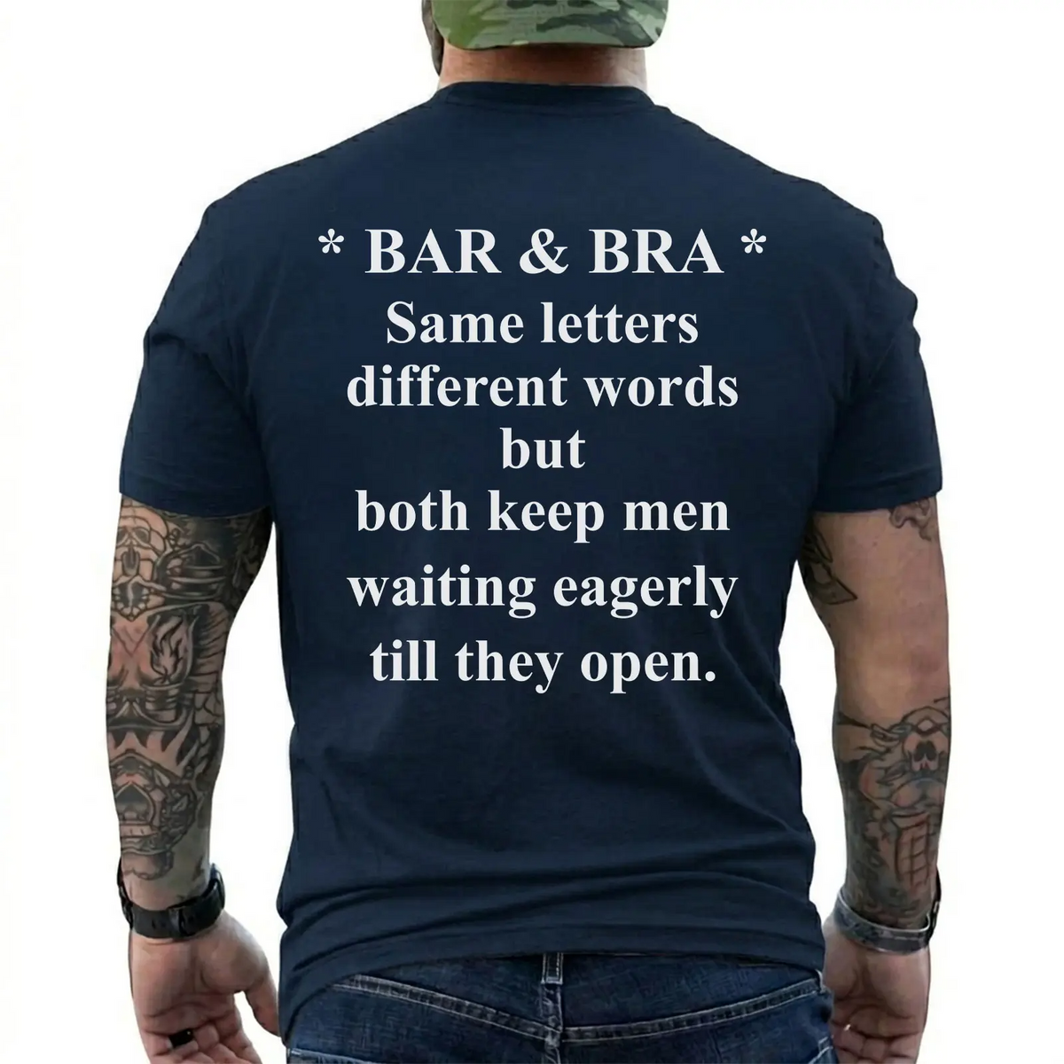 Bar & Bra Wordplay Graphic T-Shirt with Humorous Back Print