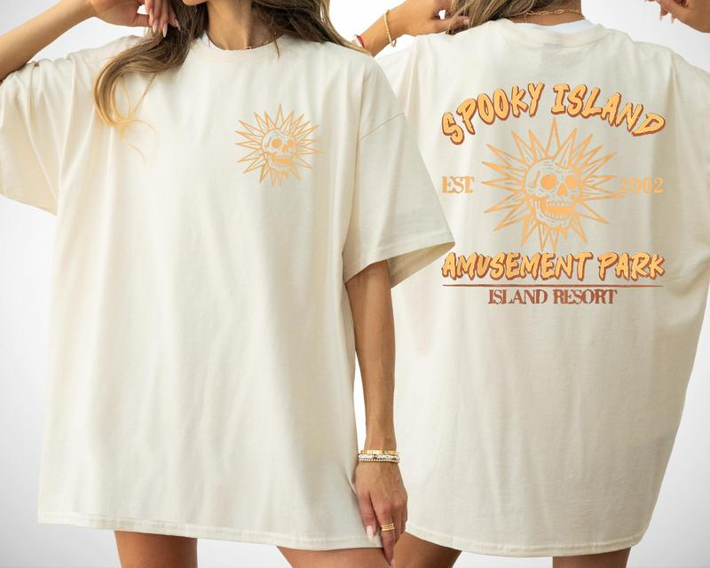 Spooky Island Skull Sunburst Amusement Park Graphic Oversized T-Shirt