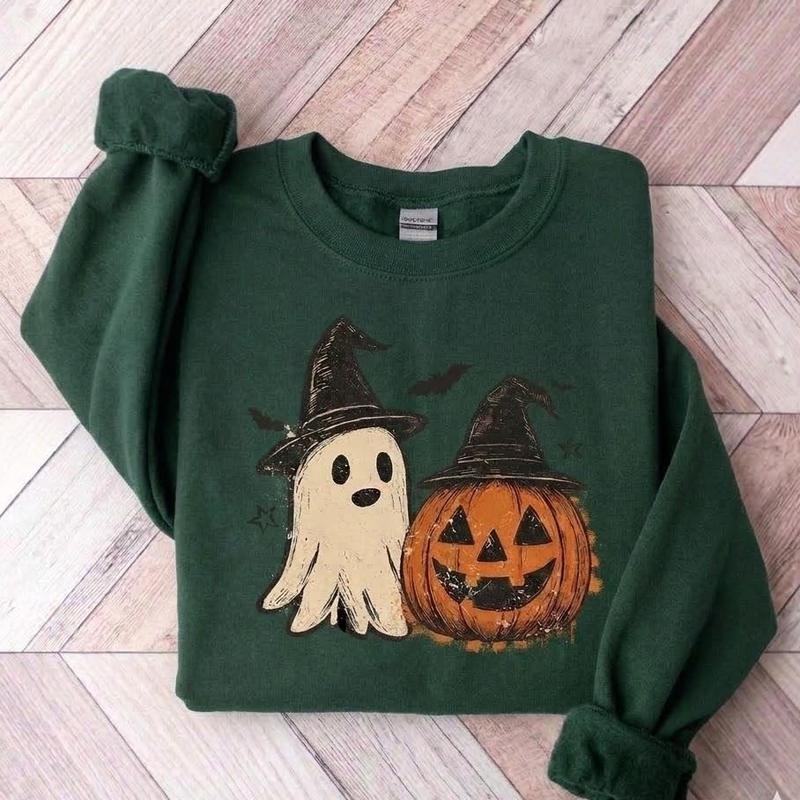 Ghost and Jack O’Lantern Witch Hat Halloween Graphic Crewneck Sweatshirt