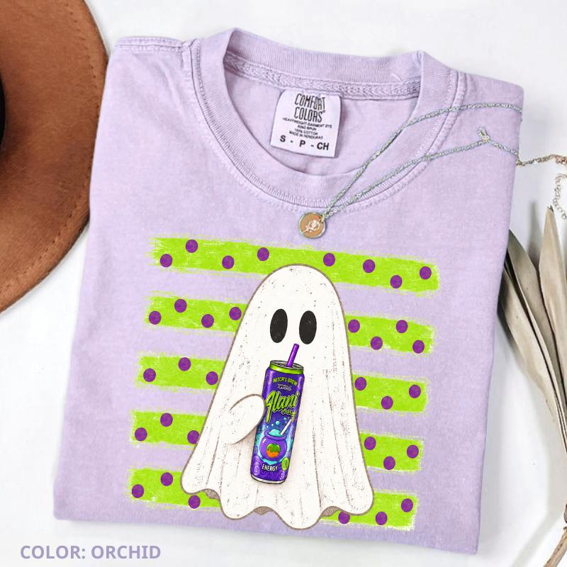 Ghost Sipping a Drink with Polka Dot Stripes Halloween Graphic Tee