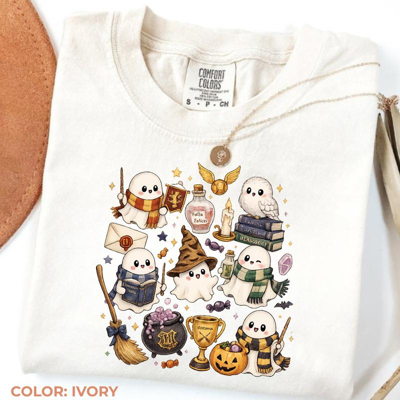 Cute Wizard Ghost Graphic T-Shirt with Owl and Magical Halloween Artwork