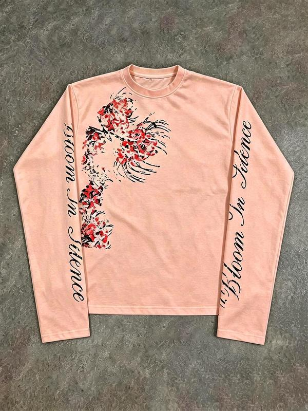 Bloom in Silence Floral Graphic Long Sleeve T-Shirt with Script Sleeve Lettering
