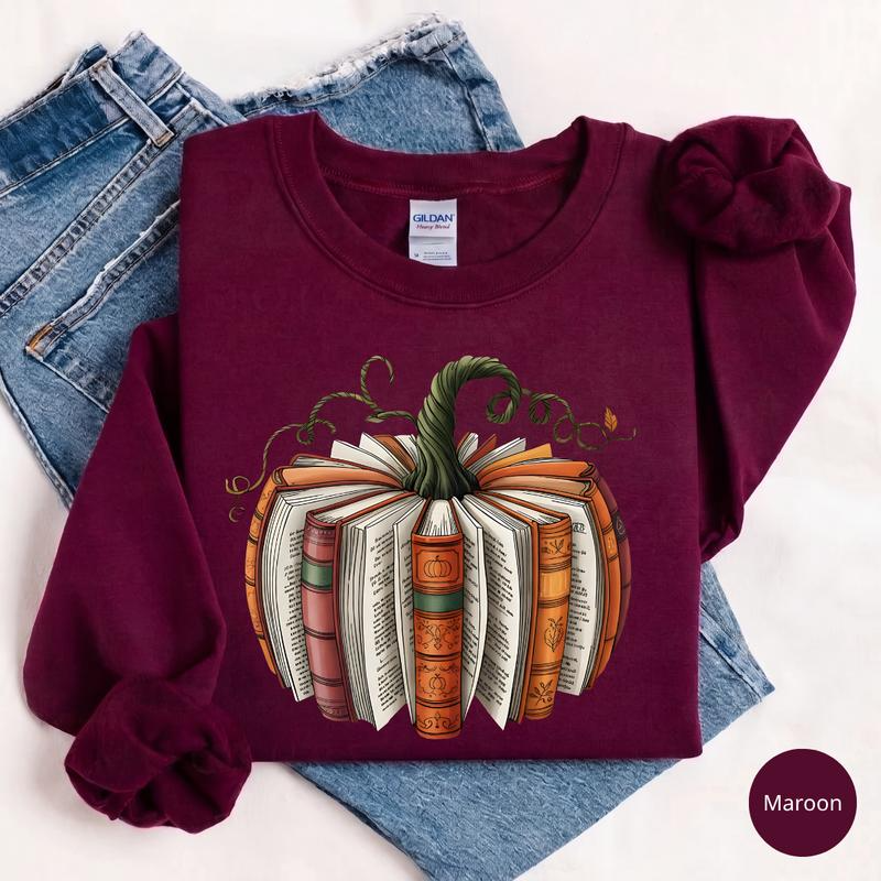 Vintage Book Pumpkin Graphic Crewneck Top for Fall Reading Days