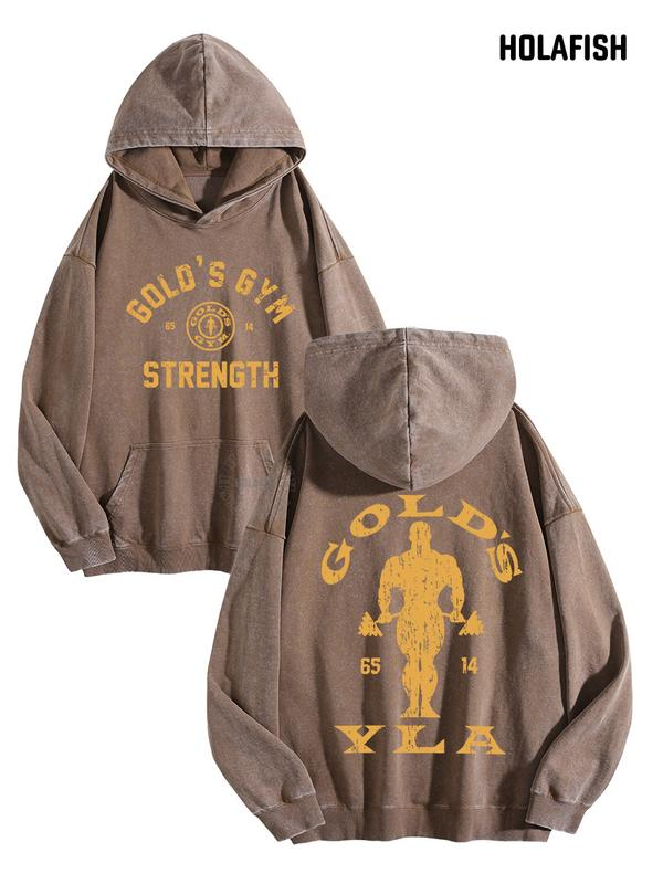 Gold’s Gym Strength Lettering Hoodie with Distressed Bodybuilder Back Graphic