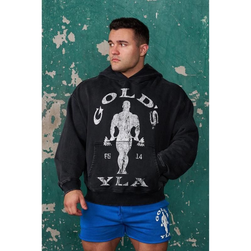 Vintage Bodybuilder Barbell Graphic Distressed Gym Pullover Hoodie