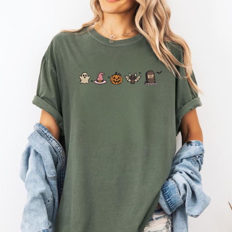 Halloween Ghost Witch Hat Pumpkin and Bat Graphic Crewneck T-Shirt