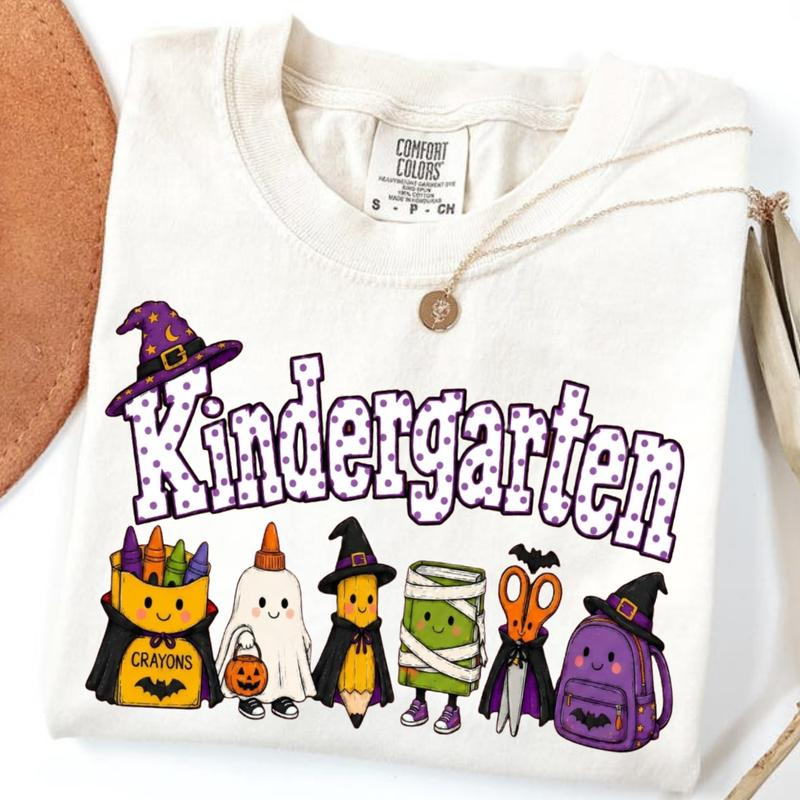Kindergarten Halloween School Supplies Graphic Tee with Playful Witch Hats and Ghosts