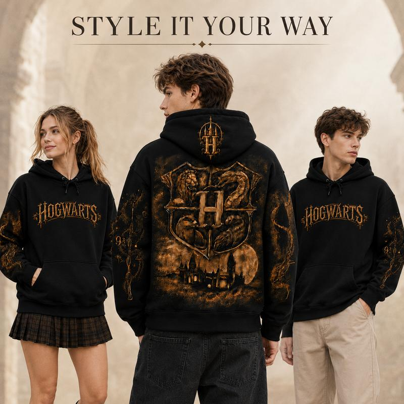 Hogwarts Crest and Castle Graphic Pullover Hoodie with Ornate Sleeve Artwork