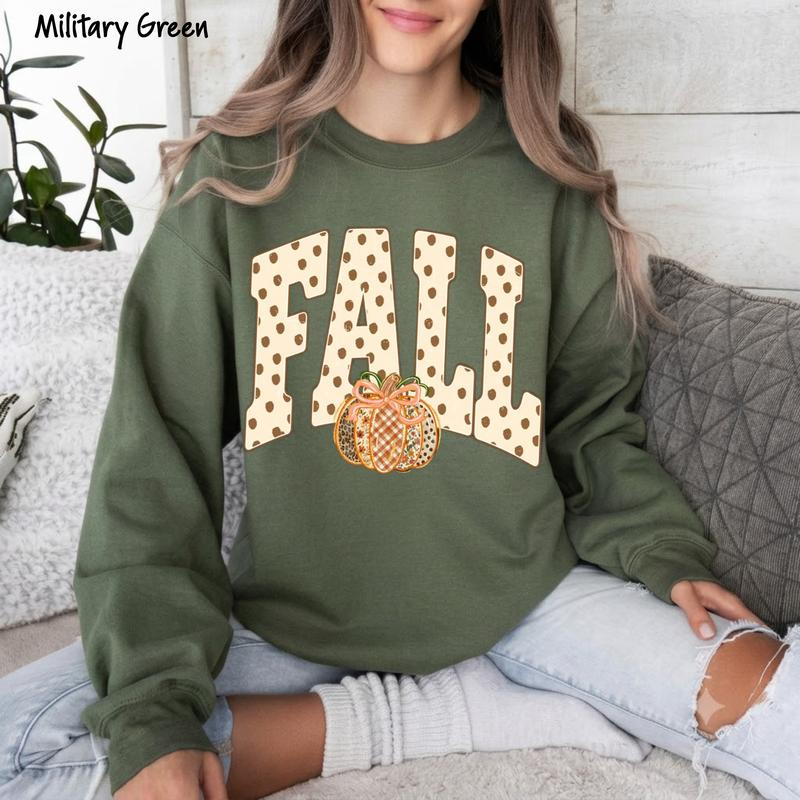 Fall Pumpkin Graphic Crewneck Sweatshirt with Polka Dot Lettering