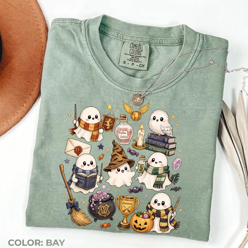 Cute Wizard Ghost Graphic T-Shirt with Owl and Magical Halloween Artwork