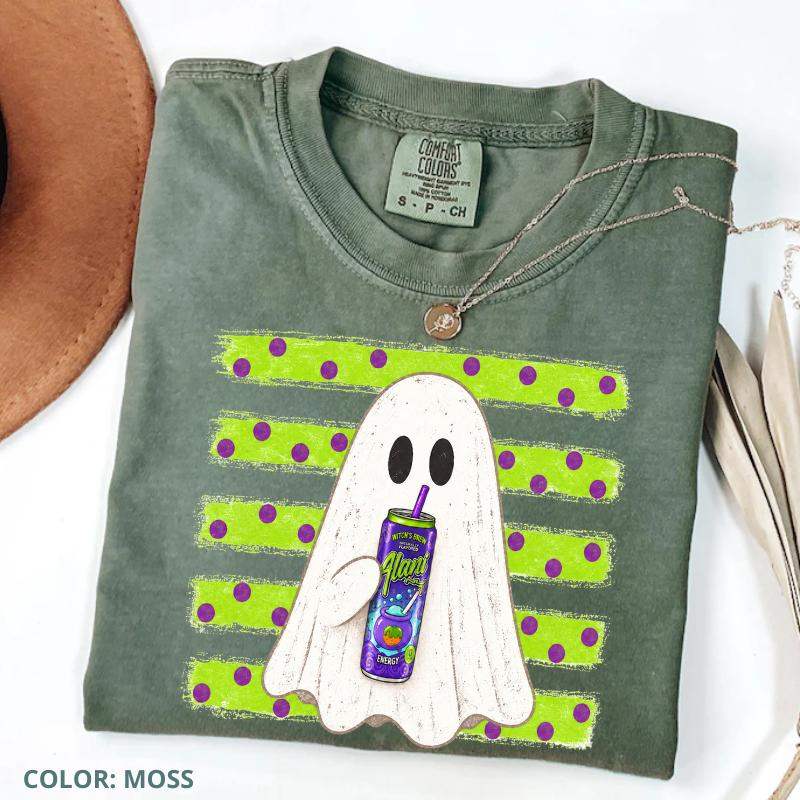 Ghost Sipping a Drink with Polka Dot Stripes Halloween Graphic Tee