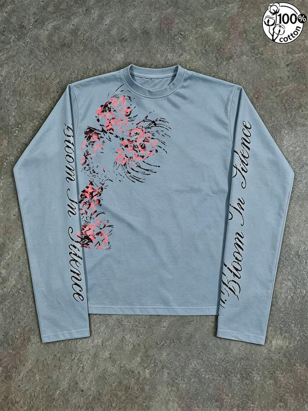 Bloom in Silence Floral Graphic Long Sleeve T-Shirt with Script Sleeve Lettering