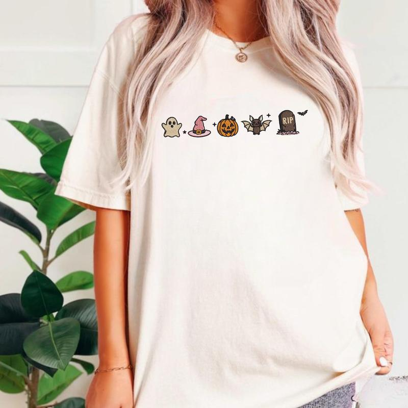 Halloween Ghost Witch Hat Pumpkin and Bat Graphic Crewneck T-Shirt