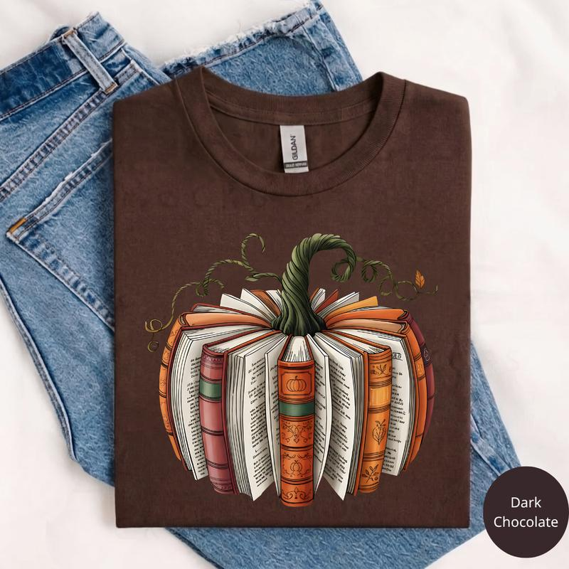 Vintage Book Pumpkin Graphic Crewneck Top for Fall Reading Days