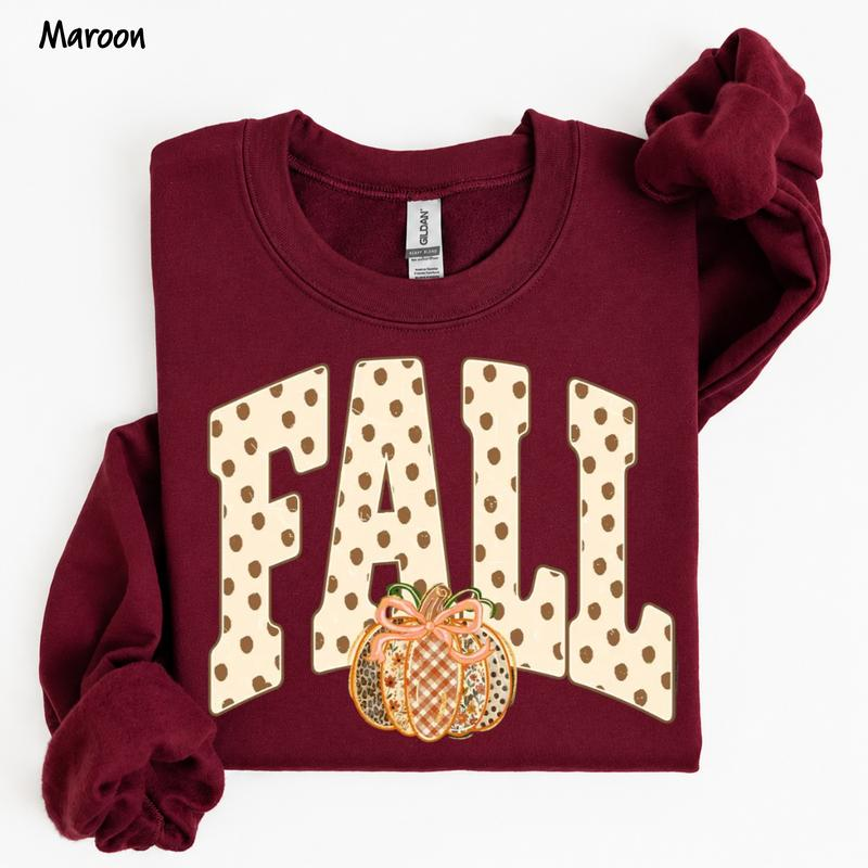 Fall Pumpkin Graphic Crewneck Sweatshirt with Polka Dot Lettering