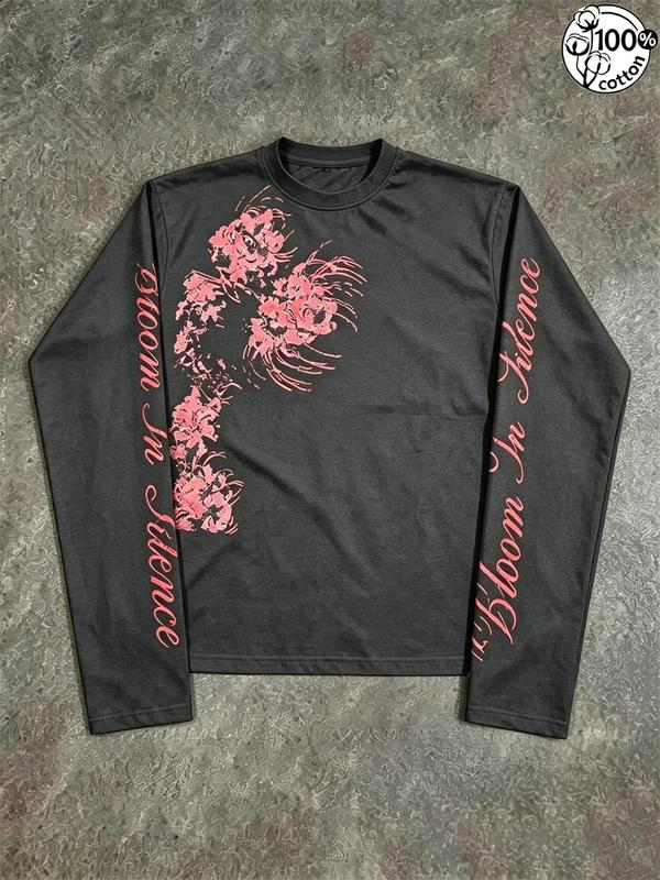 Bloom in Silence Floral Graphic Long Sleeve T-Shirt with Script Sleeve Lettering