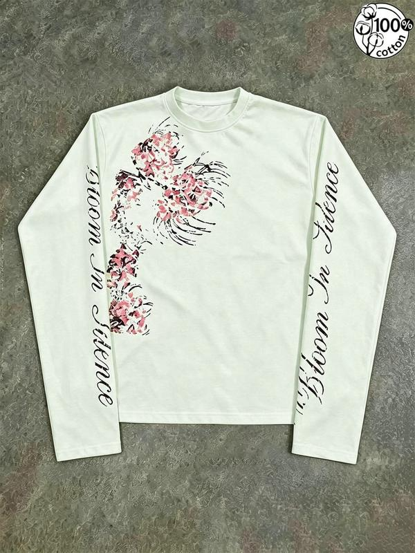 Bloom in Silence Floral Graphic Long Sleeve T-Shirt with Script Sleeve Lettering