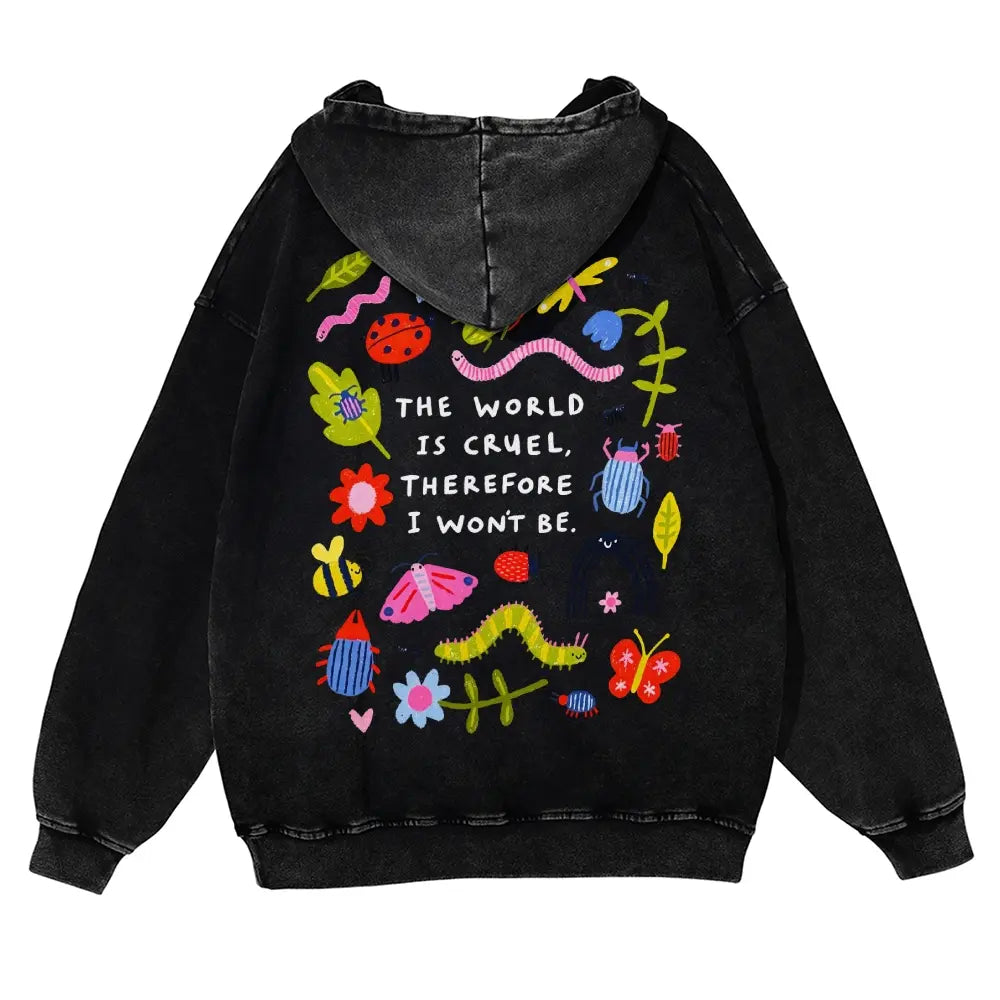Cute Bug Print Pink Washed Hoodie The World Is Cruel Slogan 380g Autumn VIntage Washed Hoodie Graphic Sweatshirt