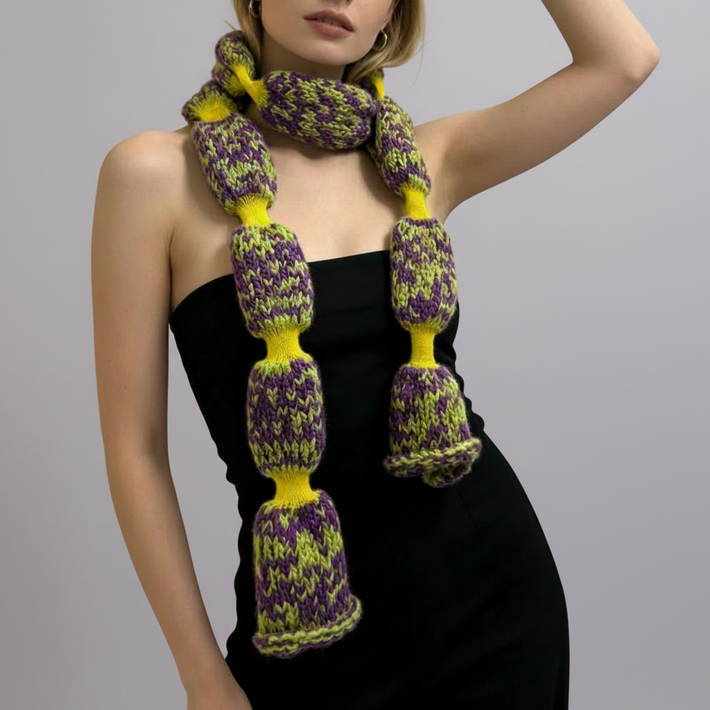 Hand-Knit Accessory Collection ｜Color-Block Chunky Sausage Scarf