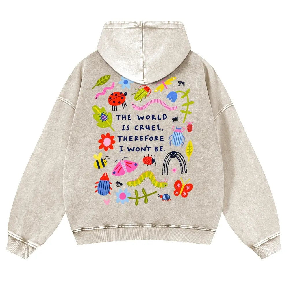 Cute Bug Print Pink Washed Hoodie The World Is Cruel Slogan 380g Autumn VIntage Washed Hoodie Graphic Sweatshirt