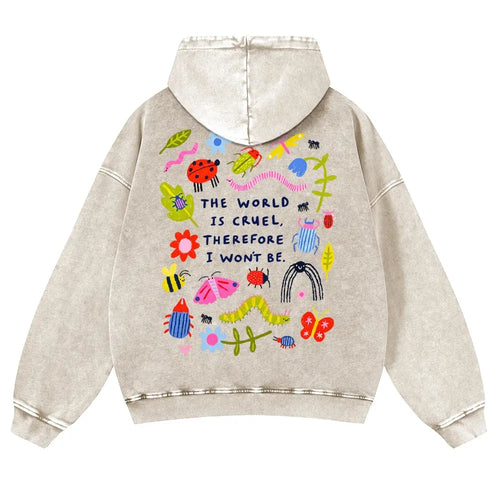 Cute Bug Print Pink Washed Hoodie The World Is Cruel Slogan 380g Autumn VIntage Washed Hoodie Graphic Sweatshirt