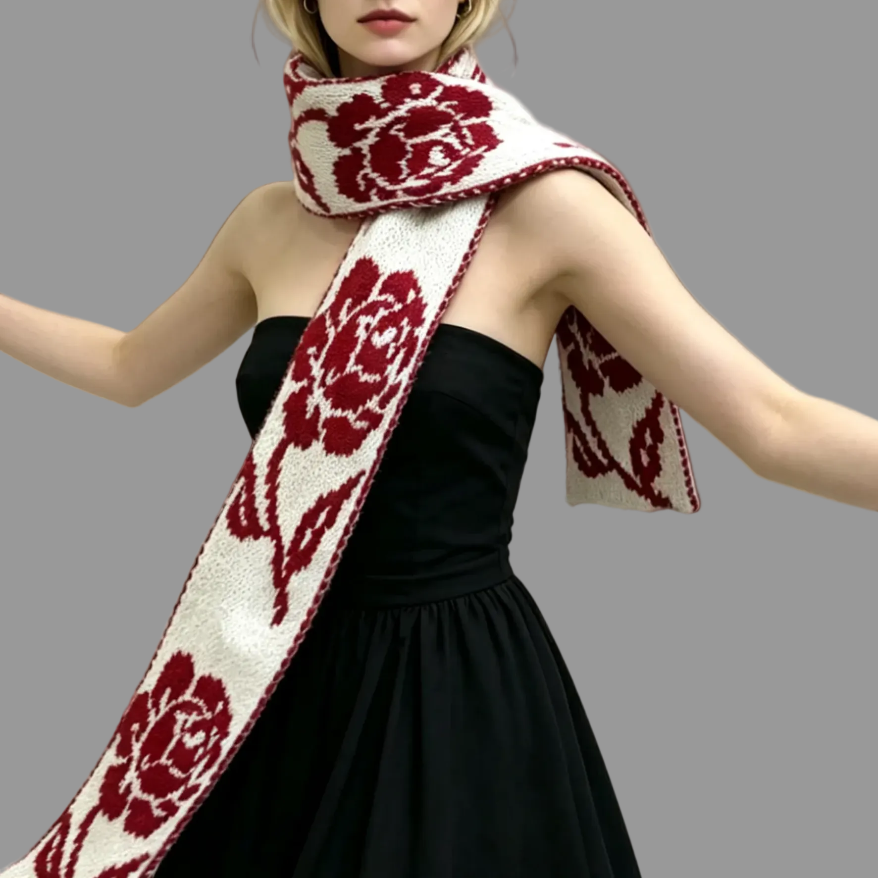 Hand-Knit Accessory Collection ｜Vintage Rose Jacquard Color Block Scarf